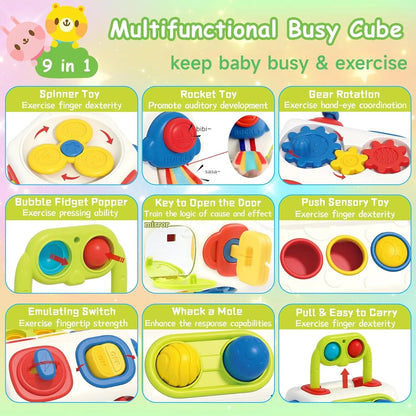 9‑in‑1 Montessori Busy Cube – Sensory Learning Fidget Toy for Babies & Toddlers (Ages 1–3).