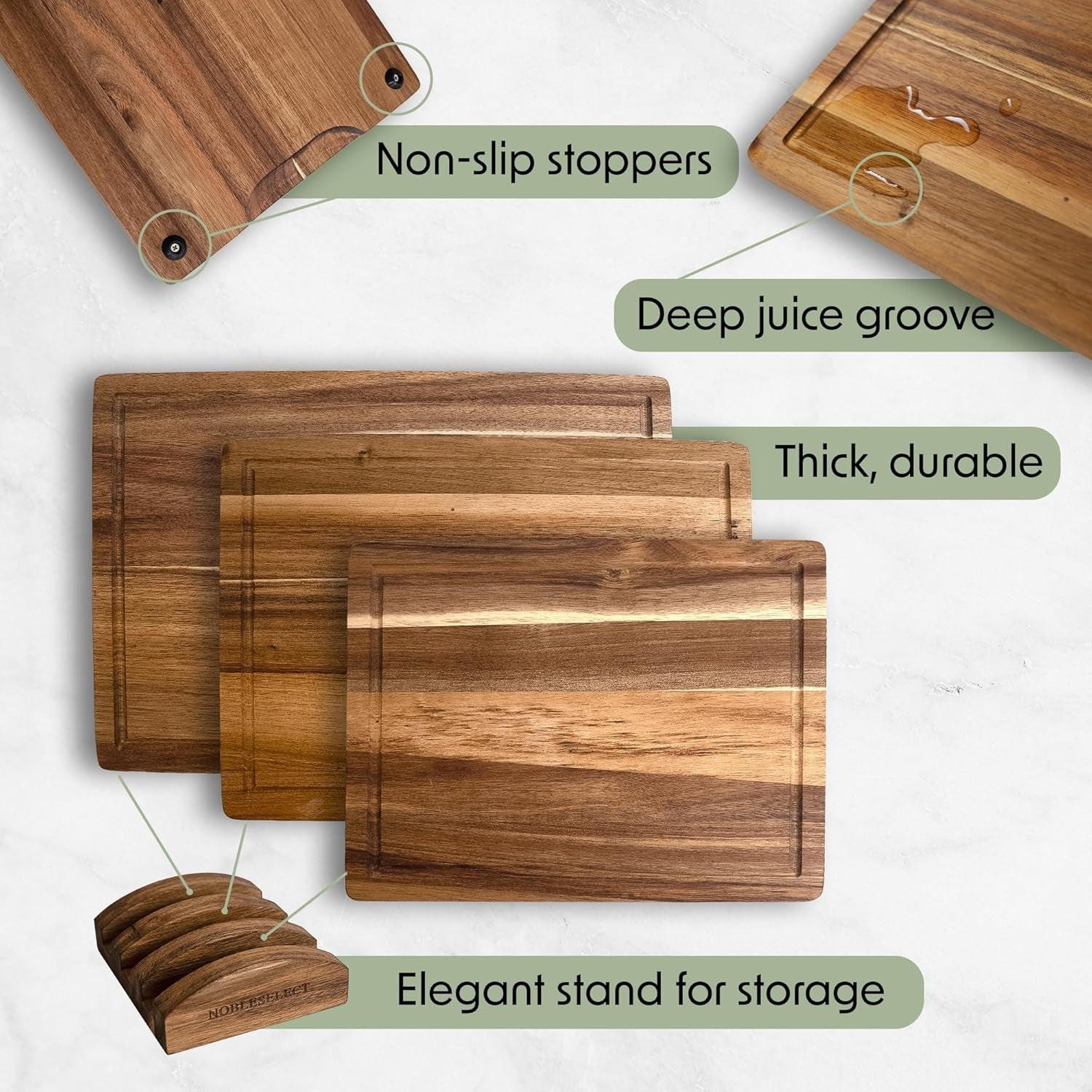 Acacia Wood Cutting Board Set – 3-Piece with Holder, Non-Slip Pads & Juice Grooves.