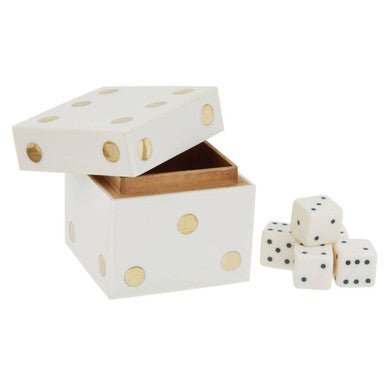 White and Gold Dice Box with Five White Dice.