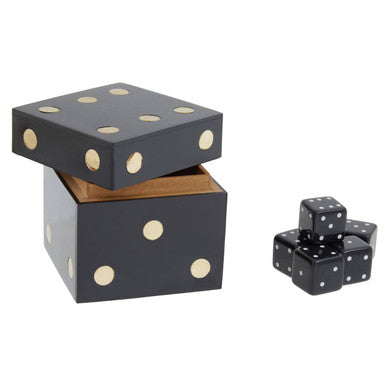 Black and Gold Dice Box with 5 Black Dice.