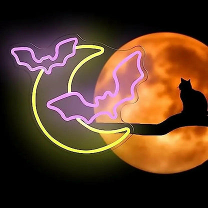 2025 Moon & Bat Neon Sign – USB-Powered LED Wall Light with Dimmable Brightness for Halloween Party & Gothic Decor