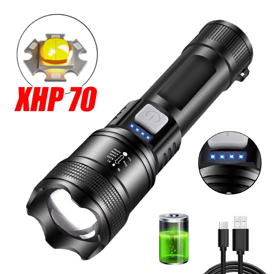 Most Powerful XHP70 LED Flashlight with Tail Warm Light USB Rechargeable Long Range Zoom Torch Outdoor Camping Emergency Lantern