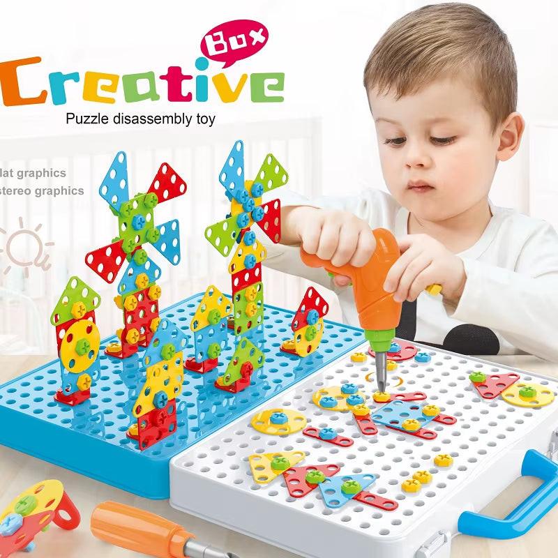 Build, Screw & Create – Kids Electric Drill Toy Set with Puzzle Blocks for STEM Learning (Ages 3–6).