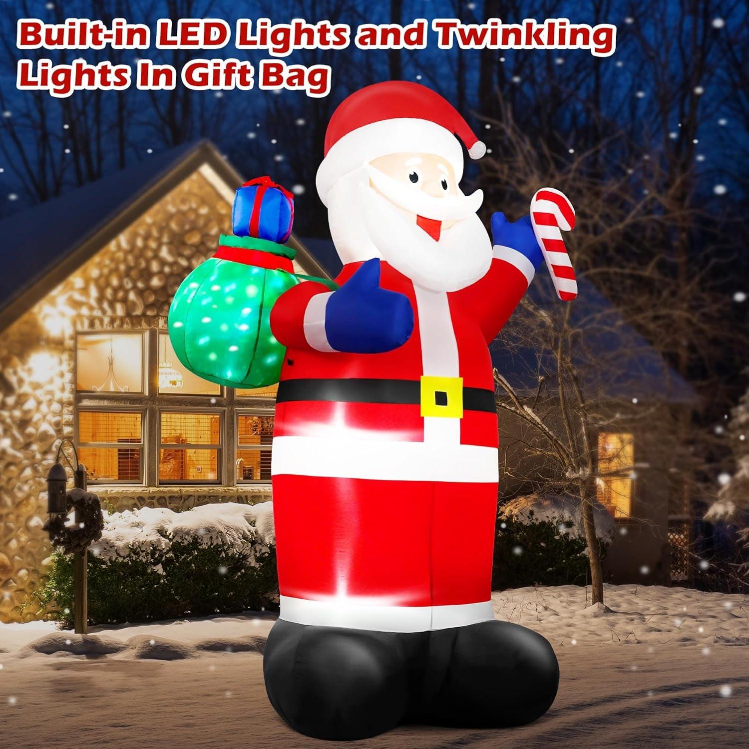 8FT Giant Christmas Inflatable Santa with Flashing Gift Bag – IP44 Weatherproof Outdoor Decoration for Lawn, Garden & Holiday Parties.
