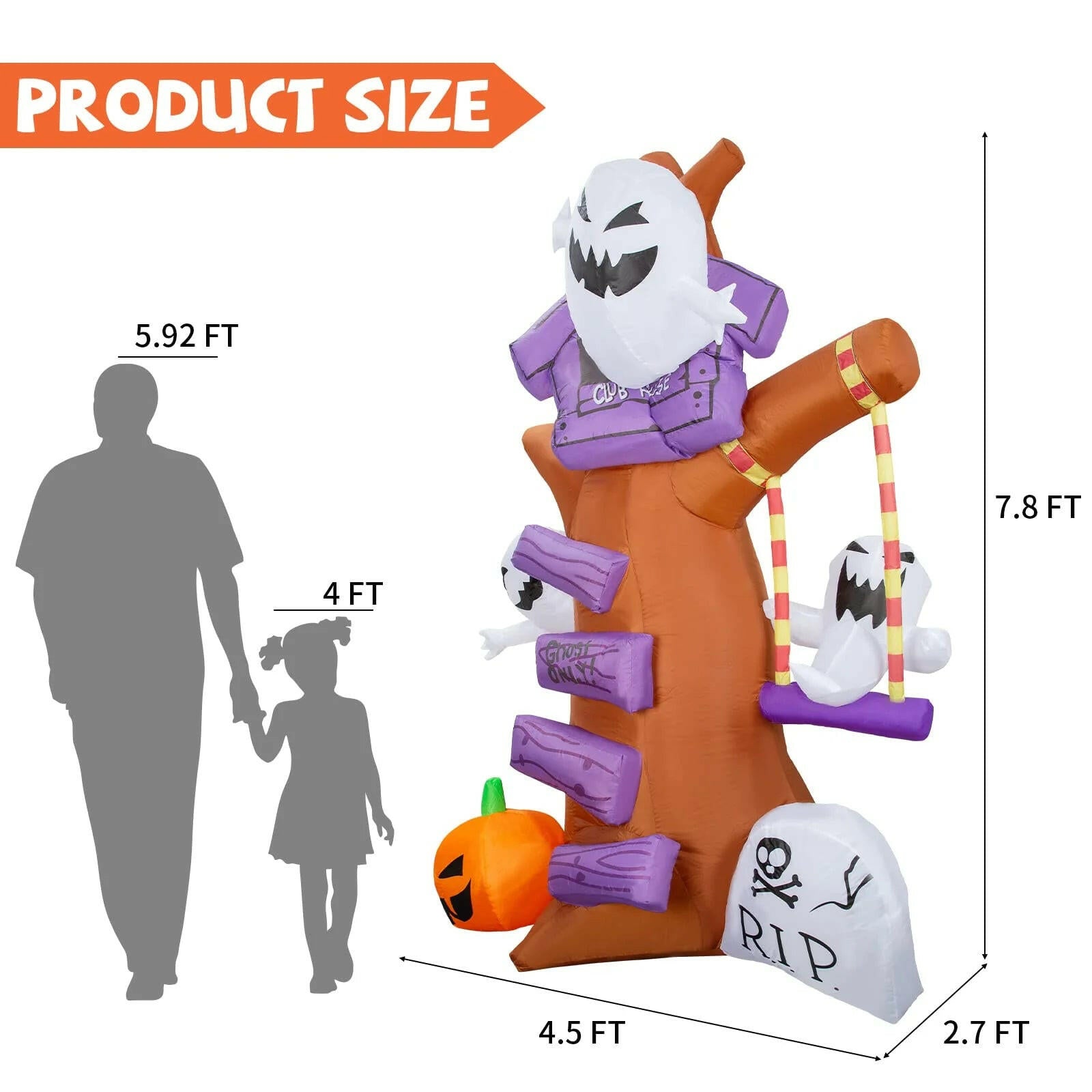8FT Inflatable Halloween Ghost Tree with Pumpkin & Tombstone – LED Blow-Up Decoration for Garden, Lawn, and Party Displays