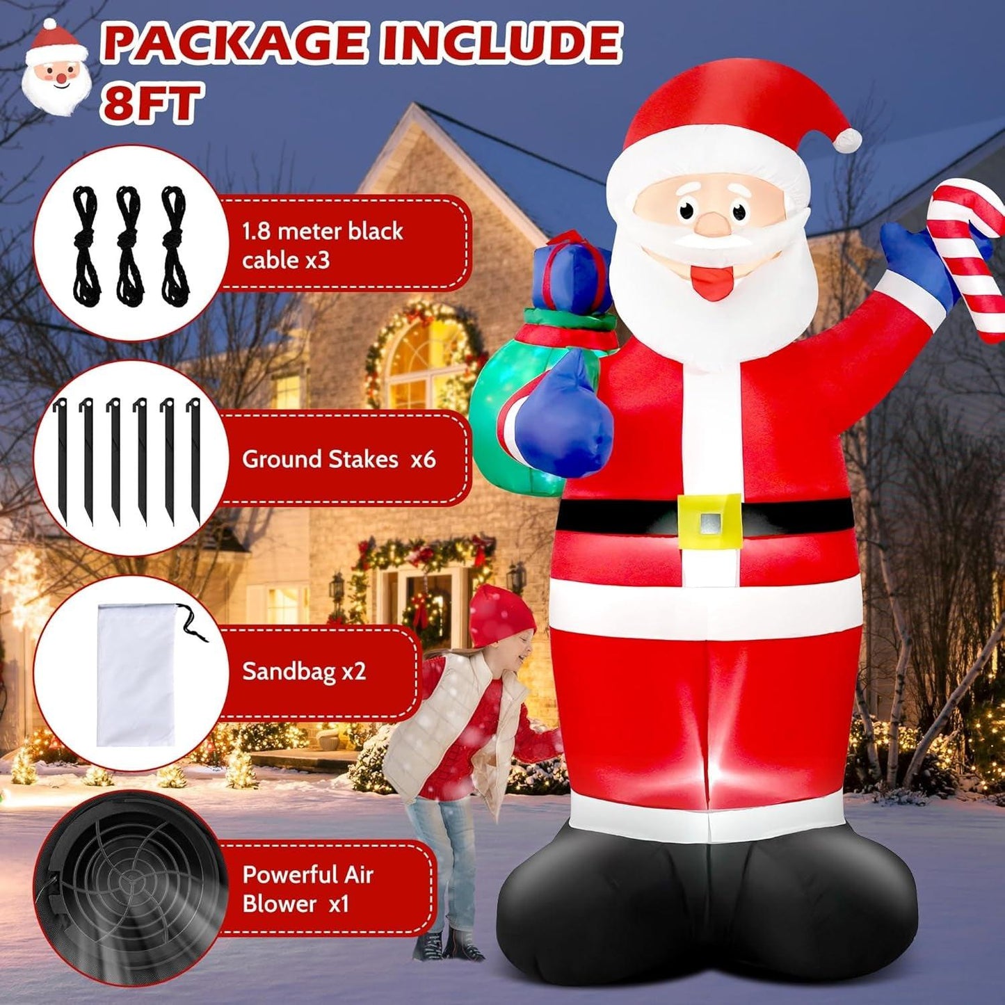 8FT Giant Christmas Inflatable Santa with Flashing Gift Bag – IP44 Weatherproof Outdoor Decoration for Lawn, Garden & Holiday Parties.