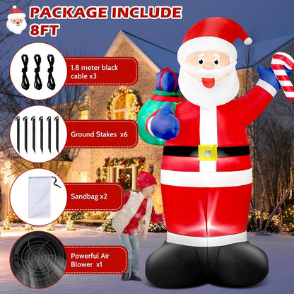 8FT Giant Christmas Inflatable Santa with Flashing Gift Bag – IP44 Weatherproof Outdoor Decoration for Lawn, Garden & Holiday Parties.