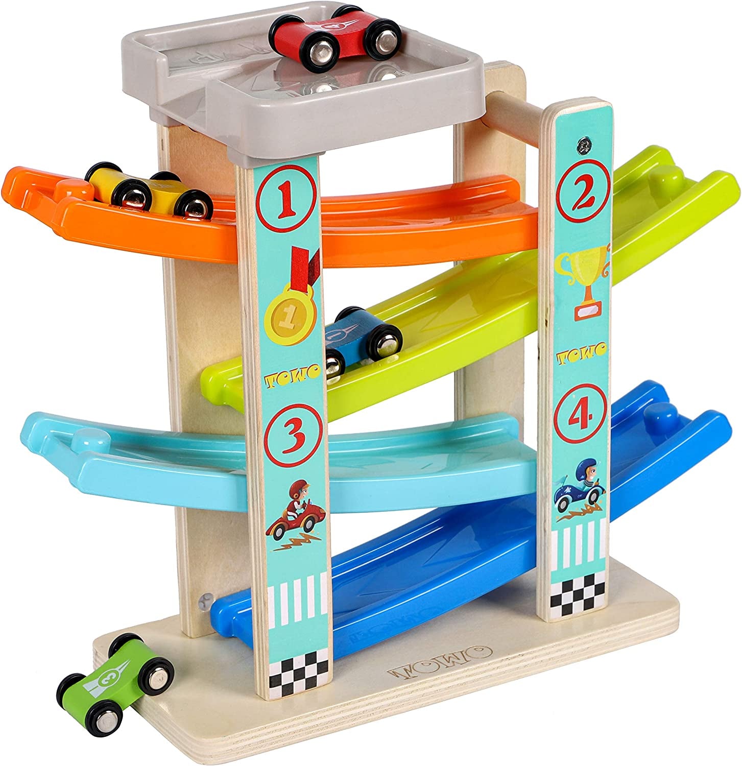 TOWO Wooden Car Ramp Toy | Zig Zag Slide with 4 Cars.
