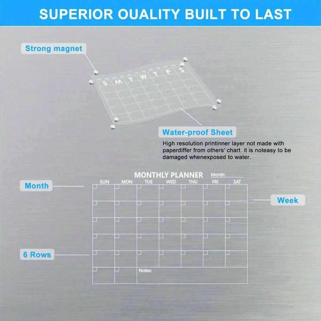 Magnetic Acrylic Calendar for Fridge Refrigerator Monthly Dry Erase Board Markers & Magnetic Pen Holder, Organic Glass Clea