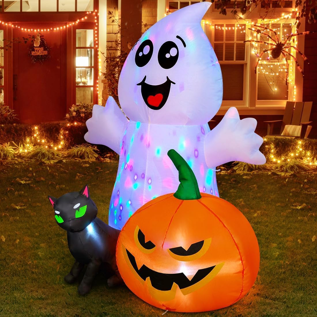 5FT Halloween Inflatable Ghost with Black Cat and Pumpkin – LED‑Lit Outdoor & Indoor Decoration