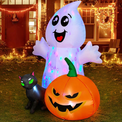 5FT Halloween Inflatable Ghost with Black Cat and Pumpkin – LED‑Lit Outdoor & Indoor Decoration