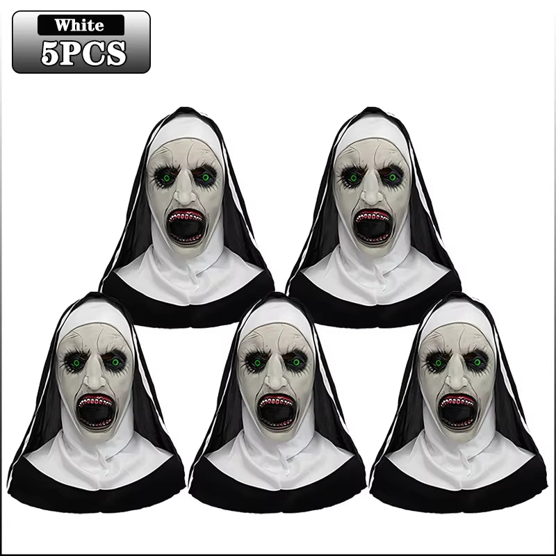 Screaming Nun Horror Masks – White Scare Face Costume Props for Halloween Parties and Cosplay