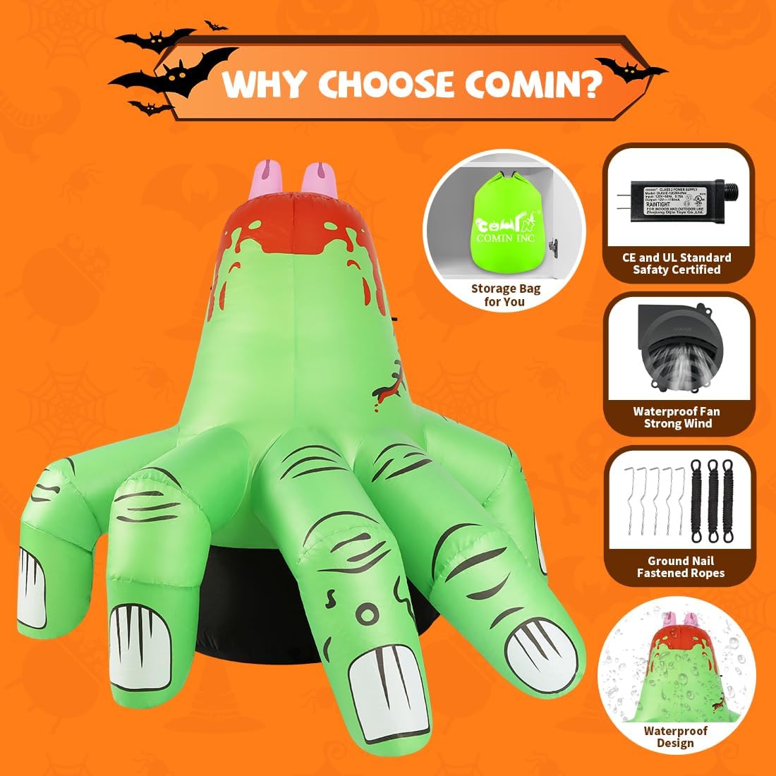 6 FT Halloween Inflatables Hand Outdoor Decorations Blow up Yard Scary Green Giant with Built-In Leds for Indoor Party Garden Lawn Decor