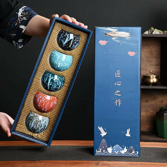 Luxury Handcrafted Dehua Porcelain Herbal Tea Cup Set - Five Elements Design for Elegant Tea Drinking & Gifting!.