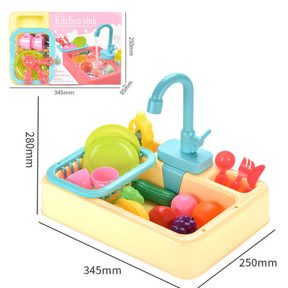 Children’s simulated kitchen sink toy with electric water pump, safe ABS material, and accessories.