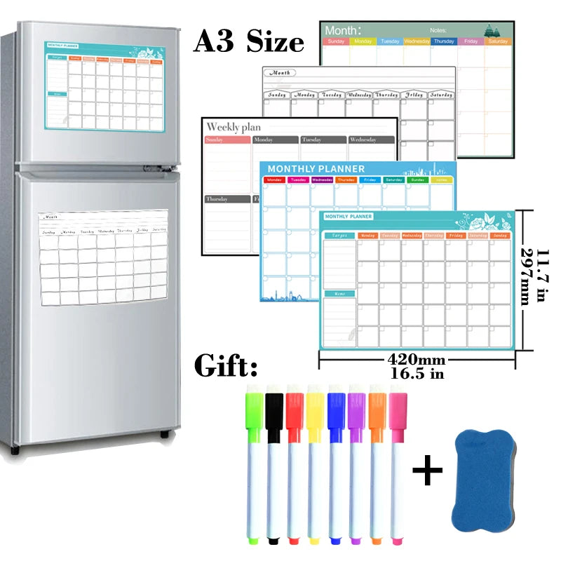 A3 Magnetic Fridge Planner – Monthly & Weekly Dry Erase Calendar with Free Marker Pens (297×420mm)