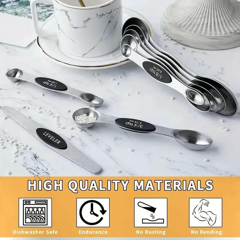 Premium Stainless Steel Measuring Spoons Set: 8 Double-Sided Magnetic Spoons & 1 Level for Perfect Dry Ingredient Measurement