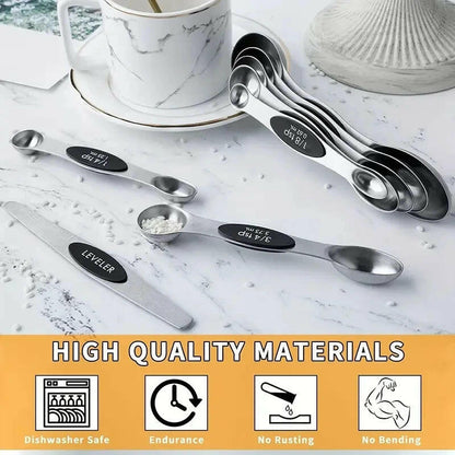 Premium Stainless Steel Measuring Spoons Set: 8 Double-Sided Magnetic Spoons & 1 Level for Perfect Dry Ingredient Measurement