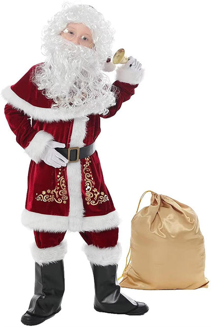 Deluxe Velvet Santa Suit – 8Pc Adult & Kids Christmas Costume Set.