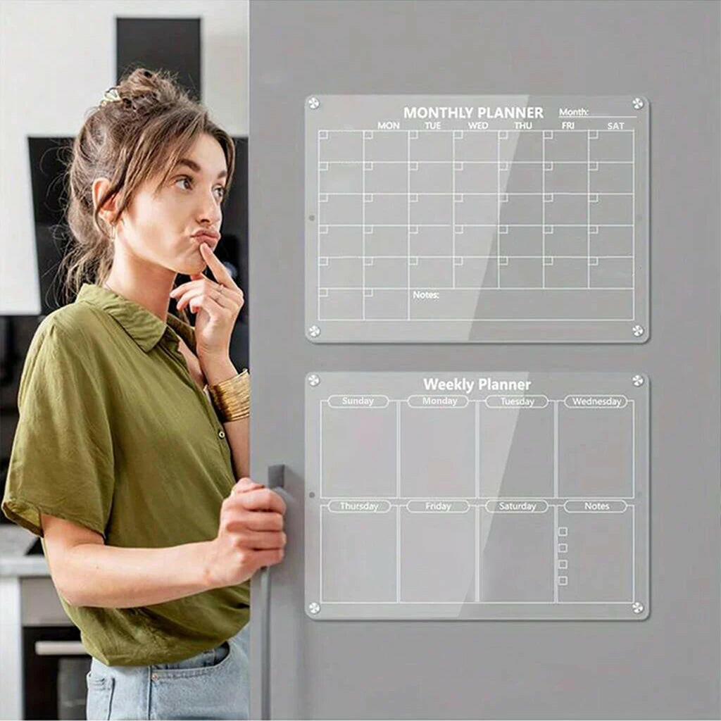 Magnetic Acrylic Calendar for Fridge Refrigerator Monthly Dry Erase Board Markers & Magnetic Pen Holder, Organic Glass Clea