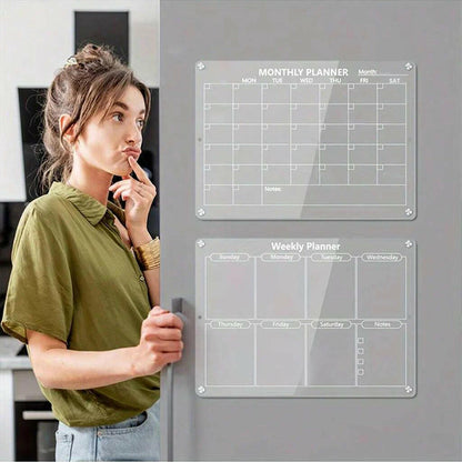 Magnetic Acrylic Calendar for Fridge Refrigerator Monthly Dry Erase Board Markers & Magnetic Pen Holder, Organic Glass Clea