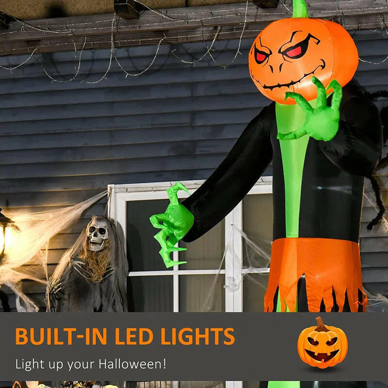 Extra-Tall Halloween Inflatable – LED-Lit Pumpkin Head Ghost with Automatic Inflation & Ground Stakes
