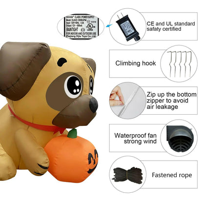5FT Inflatable Halloween Pug Holding Pumpkin – LED Blow-Up Decoration for Garden, Lawn, and Indoor Displays