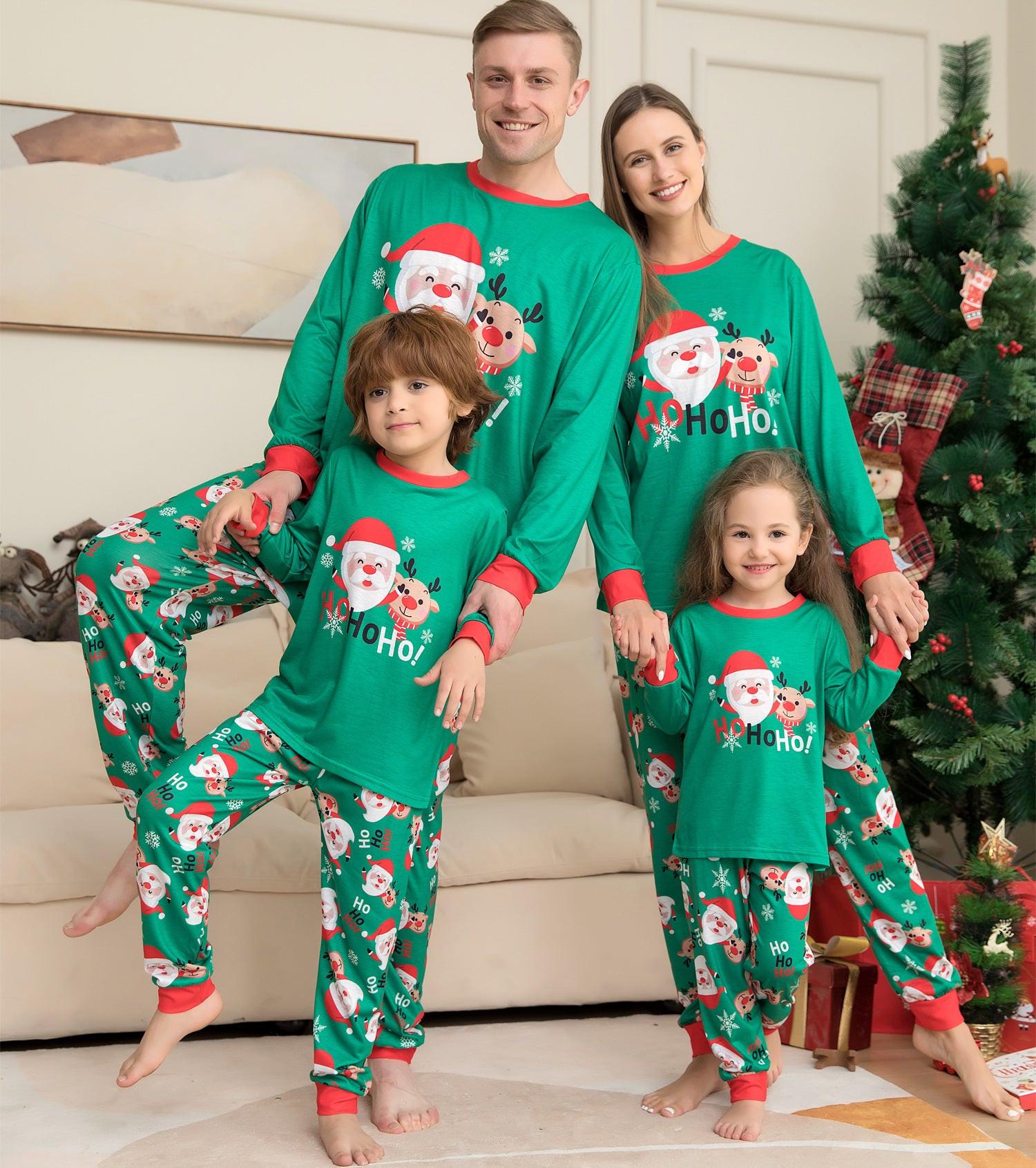 Santa‑Themed Matching Family Pajamas – Green Holiday Sets for Adults, Kids, Babies & Pets.