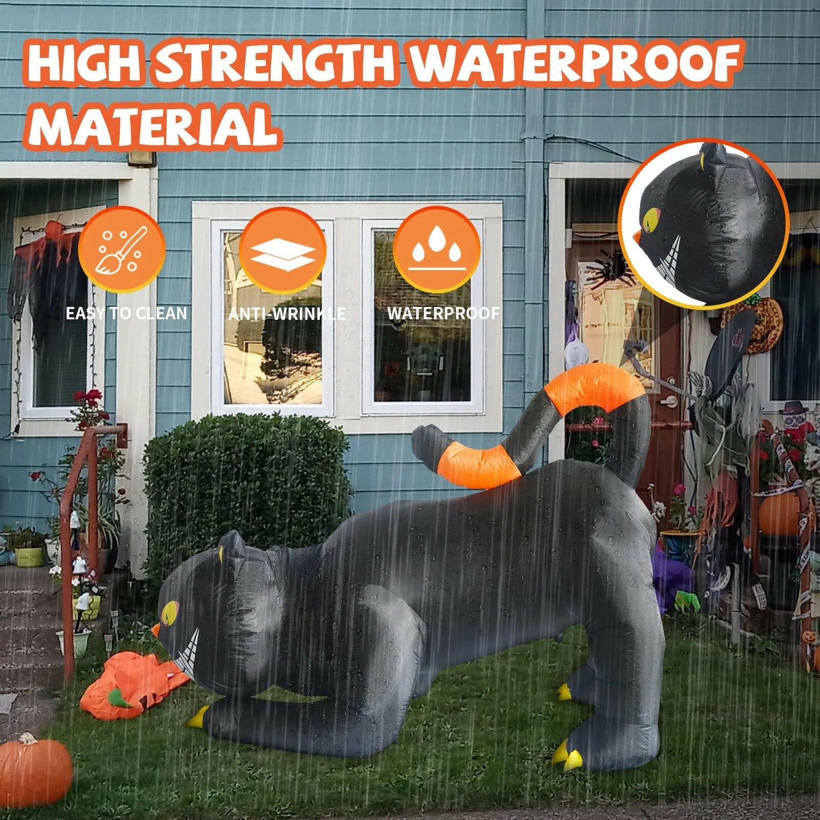 6FT Inflatable Halloween Black Cat with Fangs – LED Blow-Up Decoration for Garden, Lawn, and Indoor Displays