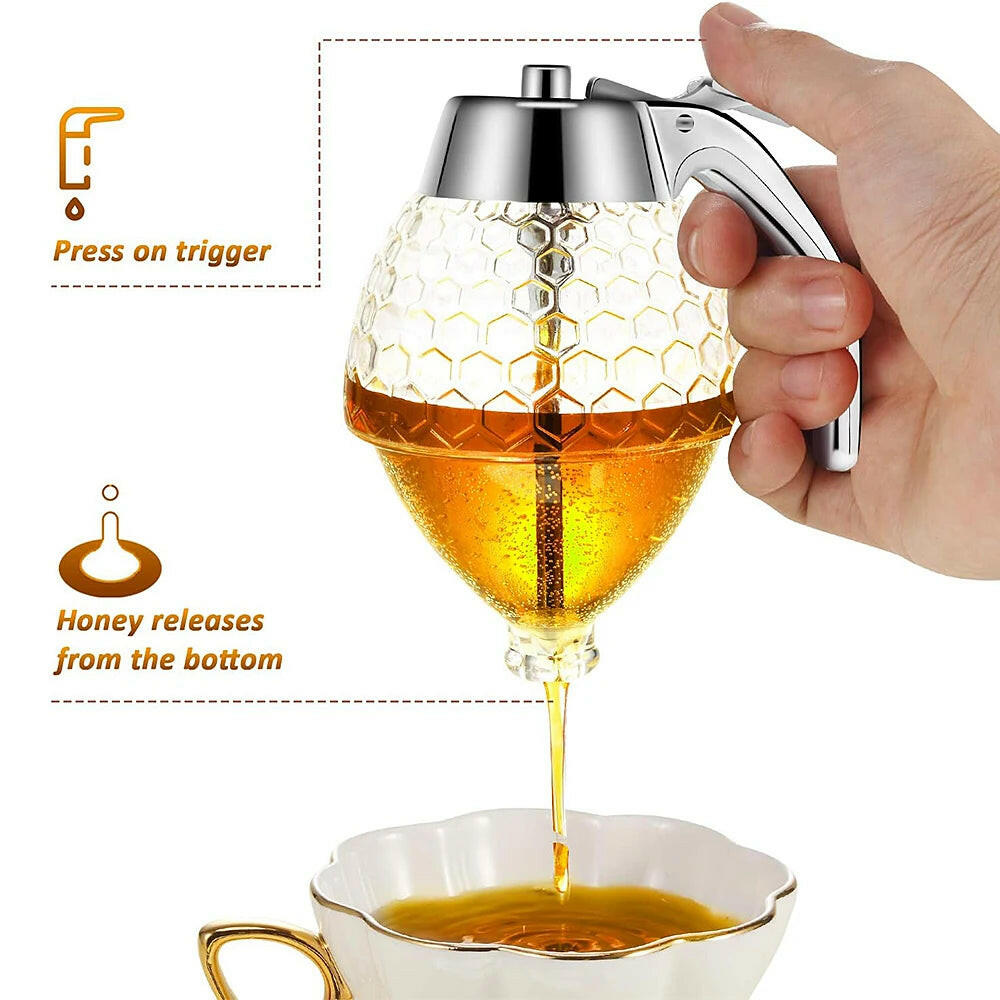Honey Pourer Dispenser with Stand and Storage Jar for Juices and Syrups.