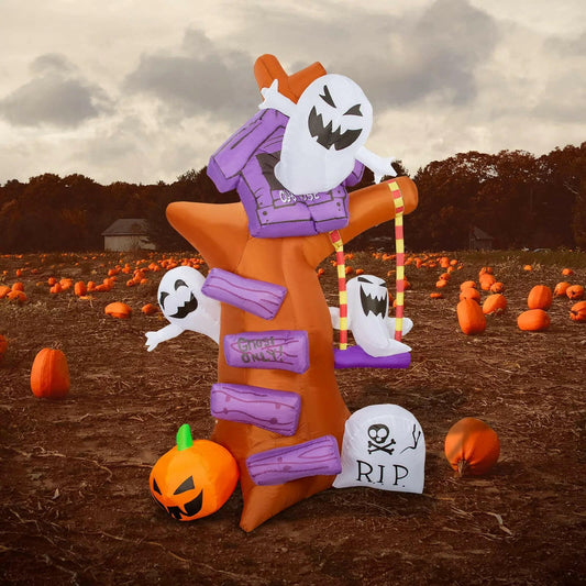 8FT Inflatable Halloween Ghost Tree with Pumpkin & Tombstone – LED Blow-Up Decoration for Garden, Lawn, and Party Displays