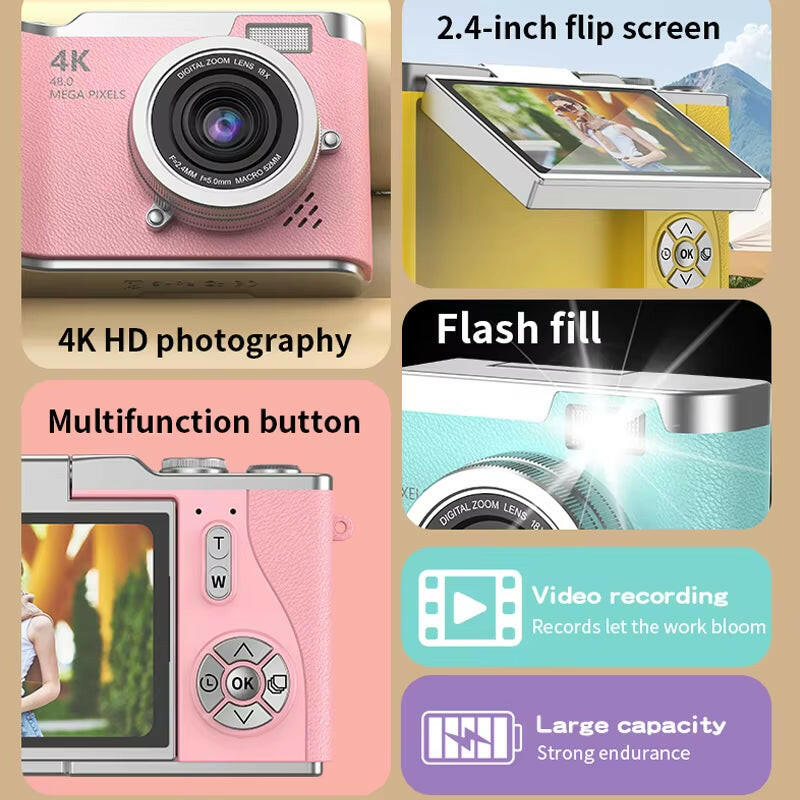 Capture Every Moment: 4K CCD Digital Camera with 48MP, 8X Zoom, 180° Flip Screen & Free 32GB Card!.
