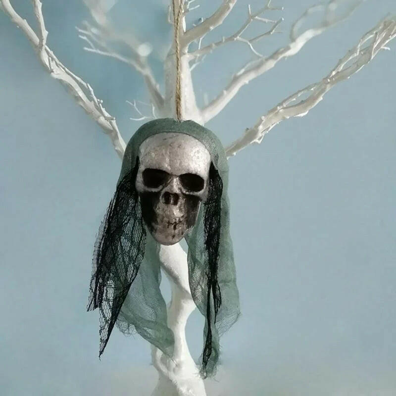 Foam Skull Hanging Ornament – 36cm Halloween Decoration with Cloth or Flower Wrap (8 Variants)