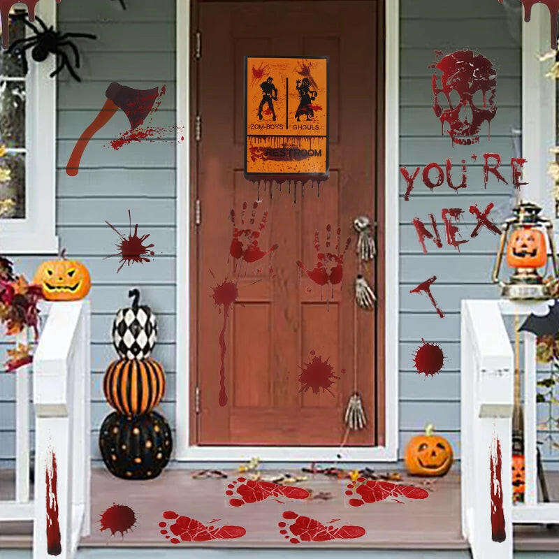 2025 Bloody Handprint & Halloween Sticker Set – Window, Wall & Floor Decals with Ghost, Bat, Pumpkin & Web Designs (1 Set)
