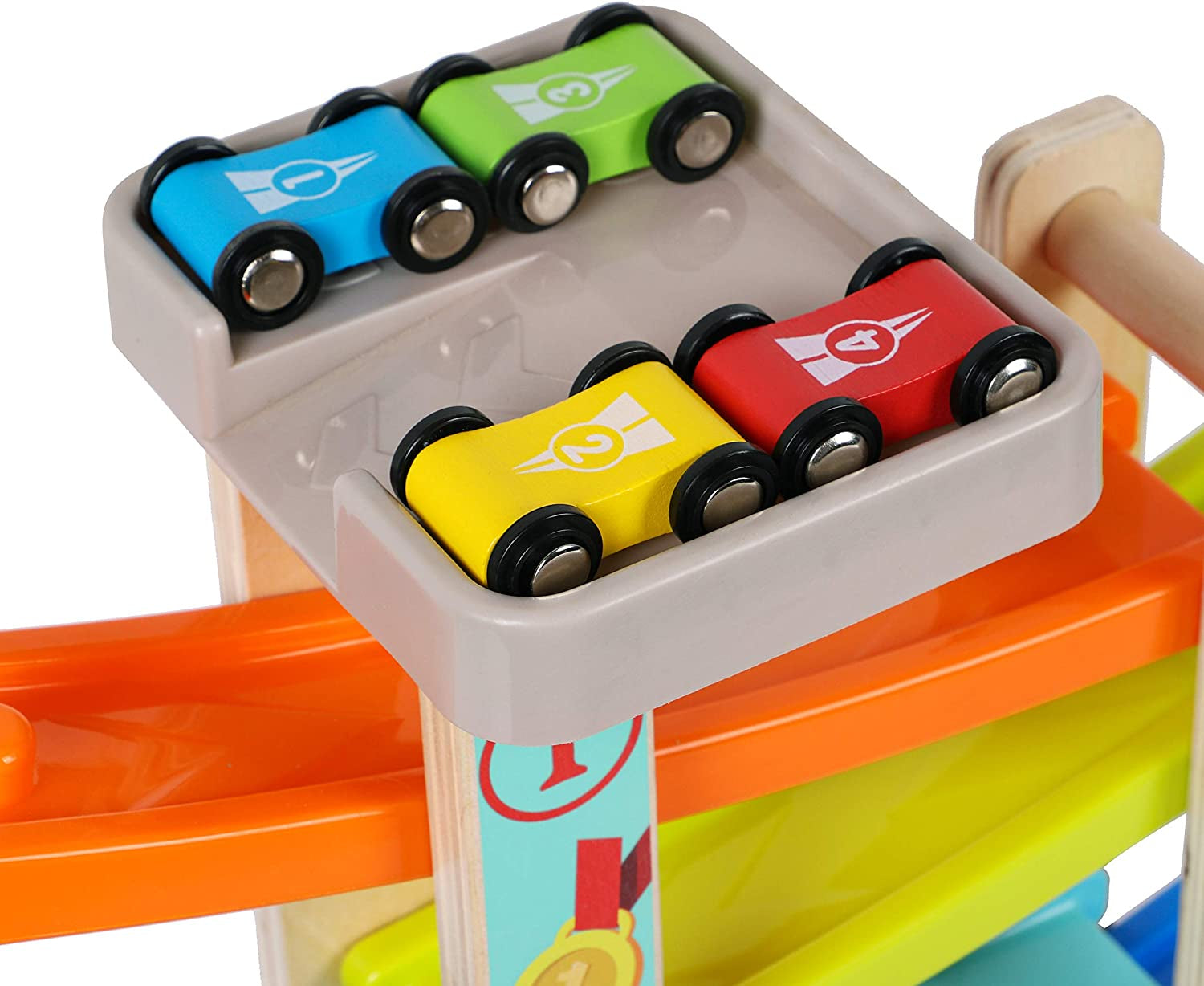 TOWO Wooden Car Ramp Toy | Zig Zag Slide with 4 Cars.