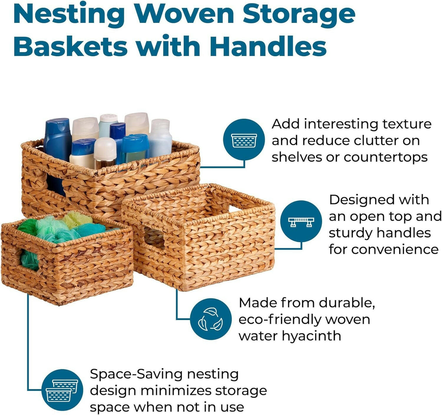 Eco-Friendly Woven Water Hyacinth Nesting Storage Baskets – Set of 3 | Natural Finish | Multi-Size | Home & Kitchen Organization