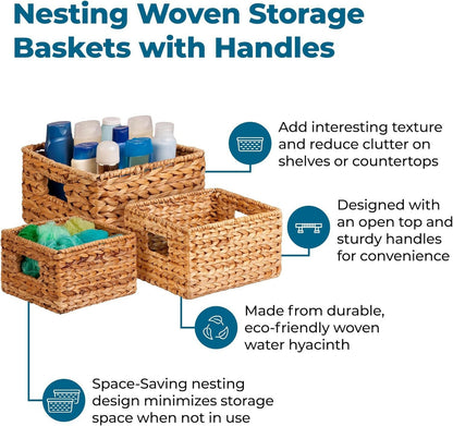 Eco-Friendly Woven Water Hyacinth Nesting Storage Baskets – Set of 3 | Natural Finish | Multi-Size | Home & Kitchen Organization