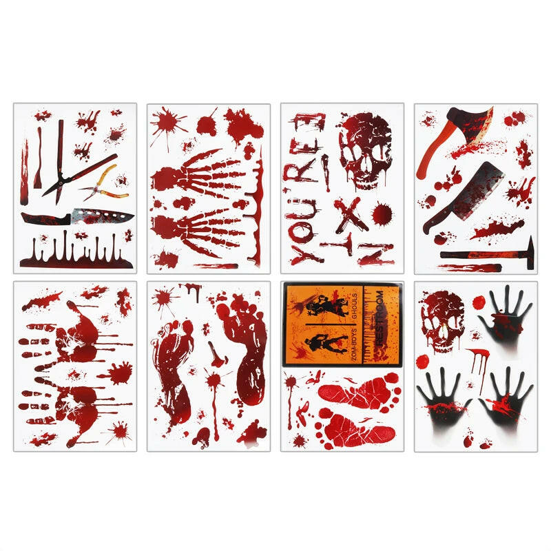 2025 Bloody Handprint & Halloween Sticker Set – Window, Wall & Floor Decals with Ghost, Bat, Pumpkin & Web Designs (1 Set)