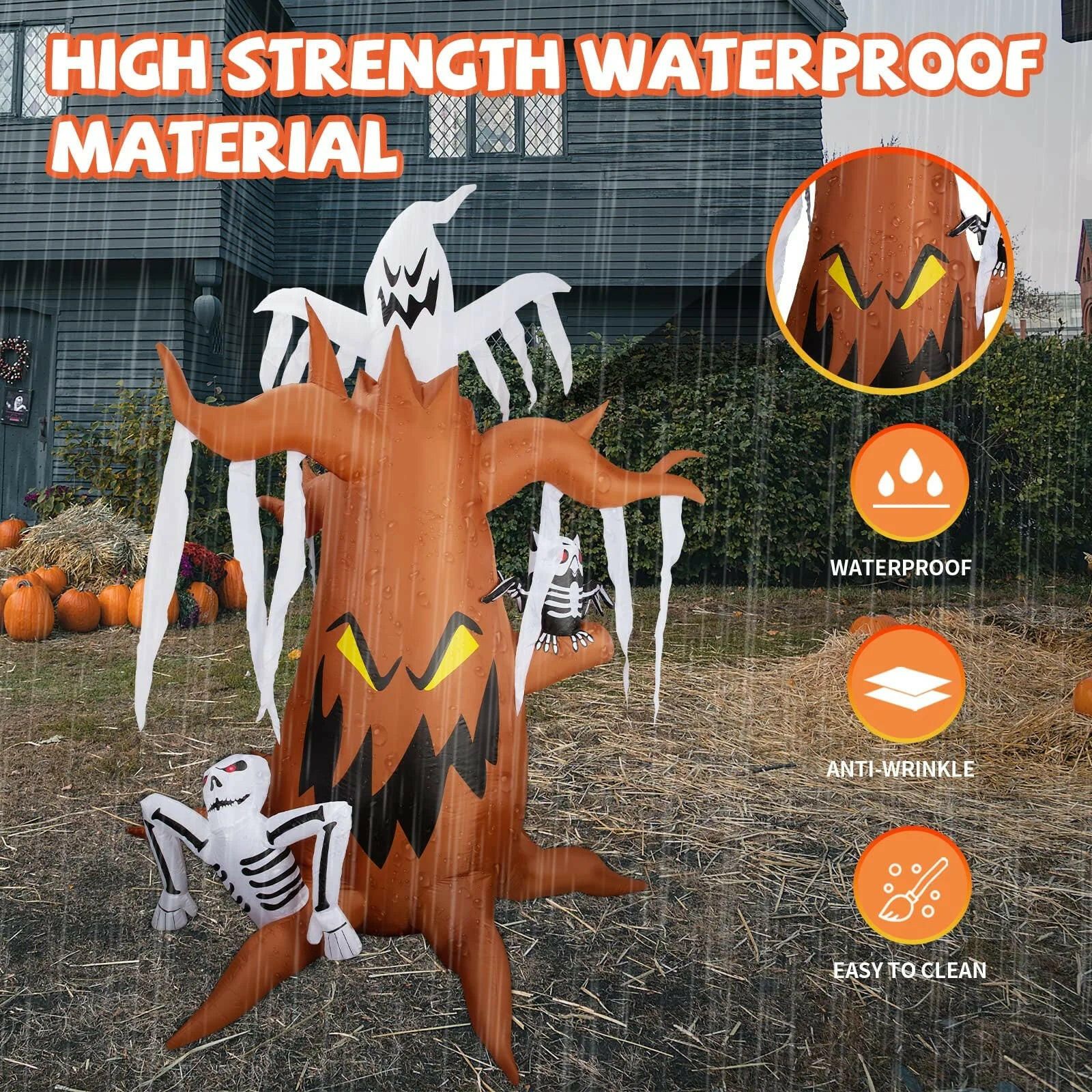 8.3FT Inflatable Halloween Dead Tree with White Ghost and Owl – LED Blow-Up Decoration for Garden, Lawn, and Party Displays