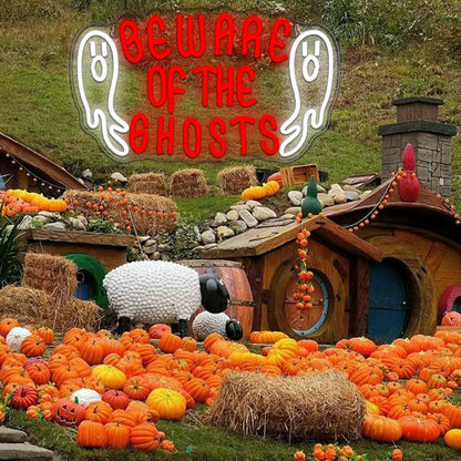2025 “Beware of Ghosts” Neon Sign – LED Wall Light for Halloween Bedroom, Bar & Party Decor (USB Powered)