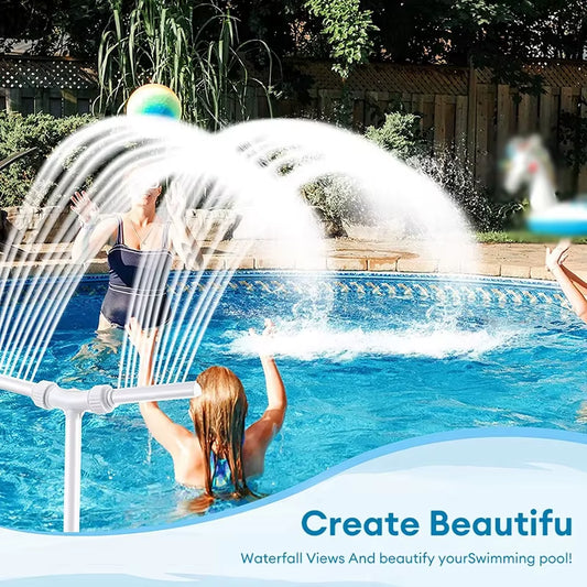 Double Head Pool Fountain with adjustable spray settings, cooling effect & easy installation. Perfect for above-ground & in-ground pools!