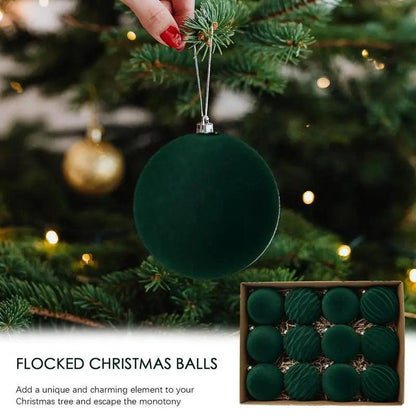 12-Pack Green Flocked Christmas Tree Baubles – Elegant ABS Ornaments for Festive Decor & Holiday Parties.