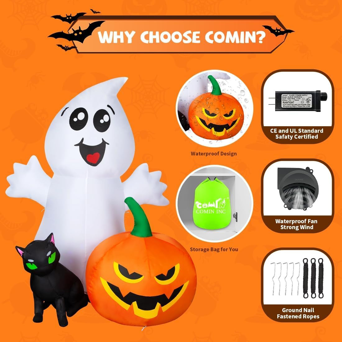 5FT Halloween Inflatable Ghost with Black Cat and Pumpkin – LED‑Lit Outdoor & Indoor Decoration