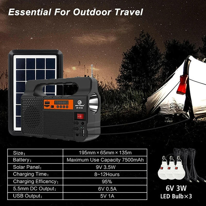 Portable Solar Energy System with 3-Bulb Lighting Kit - Mini 6W Solar Panel for Outdoor Emergency Power Supply, Ideal for Camping and Hiking.