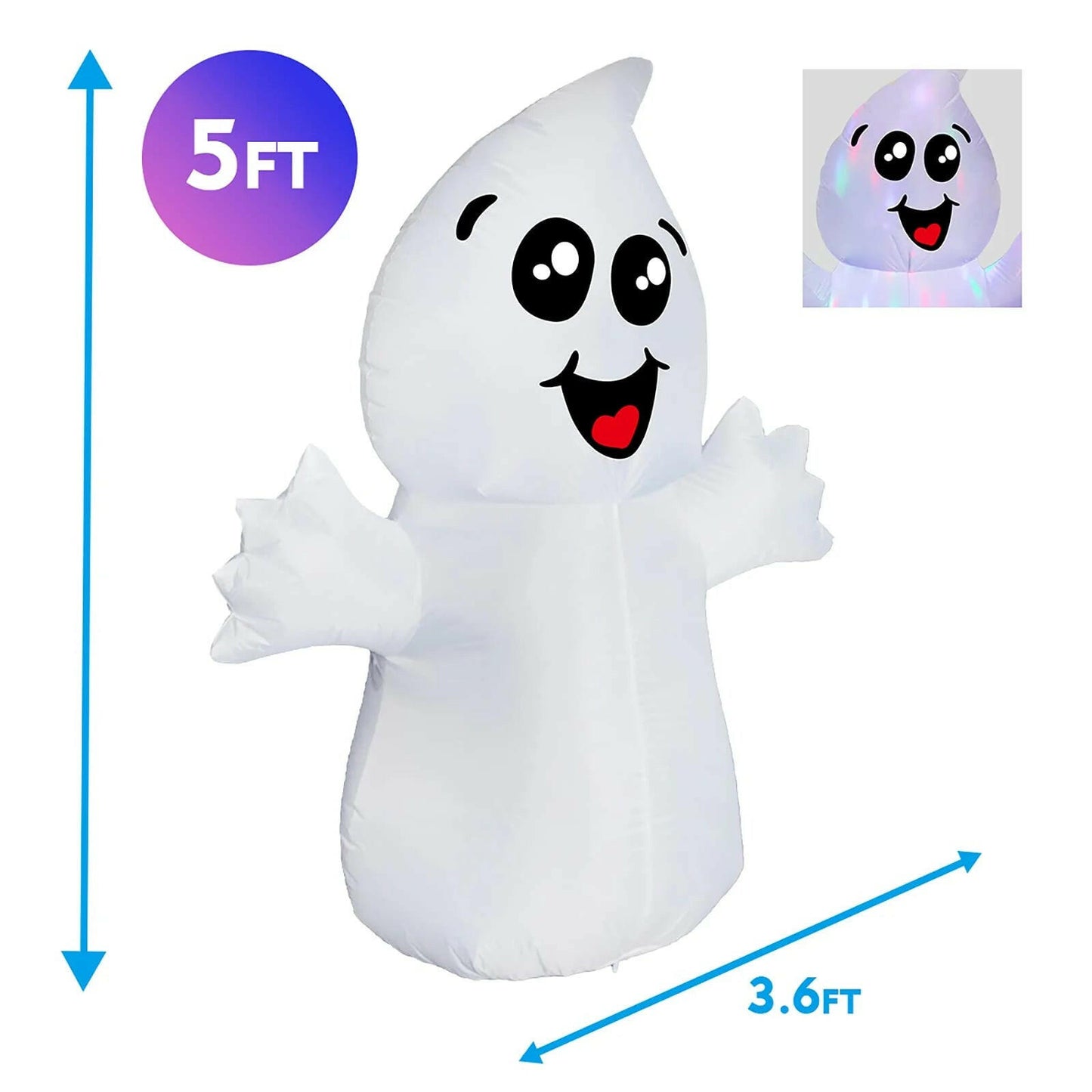 5FT Inflatable Halloween Cute Ghost with Magic Light – LED Blow-Up Decoration for Garden, Lawn, and Indoor Displays