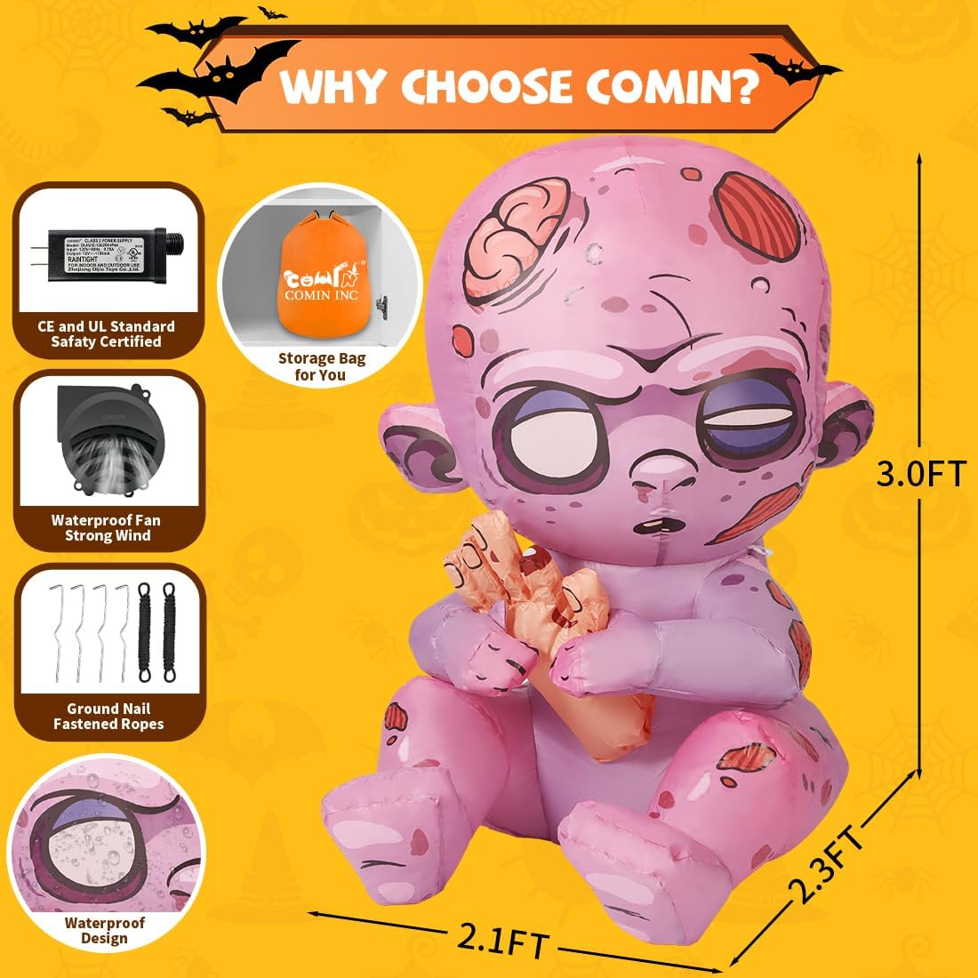 3 FT Halloween Inflatables Zombie Outdoor Decorations Blow up Yard with Built-In Led