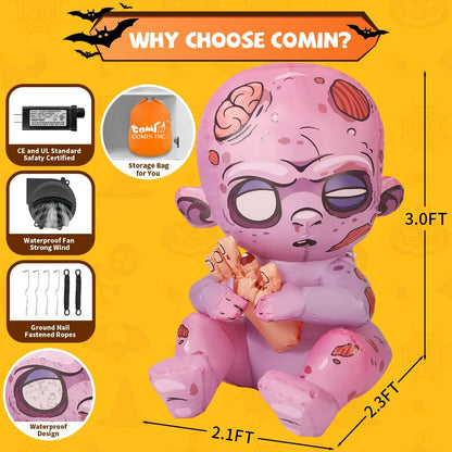 3 FT Halloween Inflatables Zombie Outdoor Decorations Blow up Yard with Built-In Led