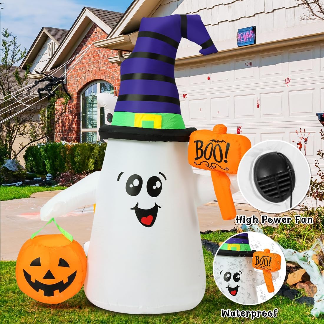 5FT Halloween Inflatable Wizard Ghost with Pumpkin – LED‑Lit Outdoor & Indoor Decoration