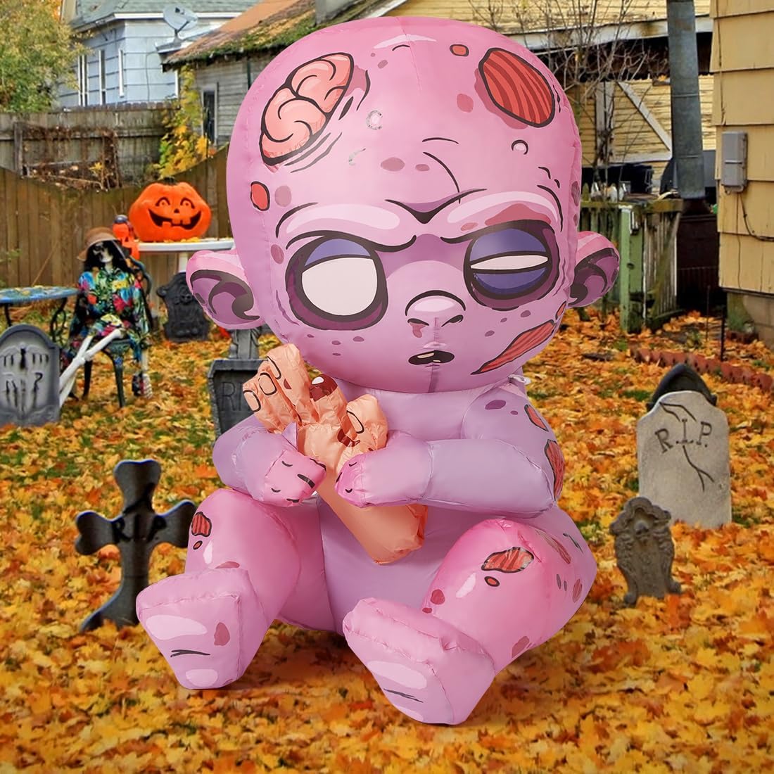 3 FT Halloween Inflatables Zombie Outdoor Decorations Blow up Yard with Built-In Led