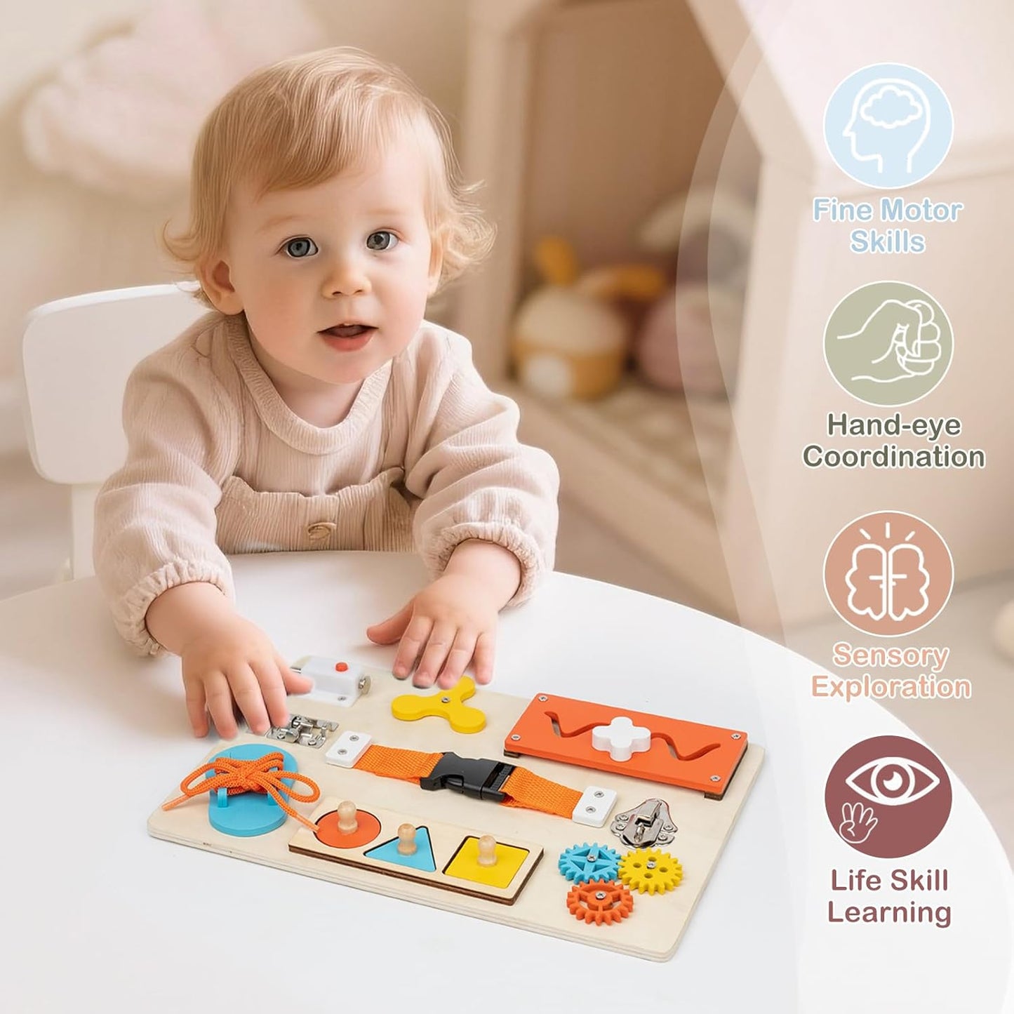 Montessori Busy Board for Toddlers – 9‑in‑1 Wooden Sensory Activity Toy, Fine Motor Skills Educational Travel Gift for Ages 3–5